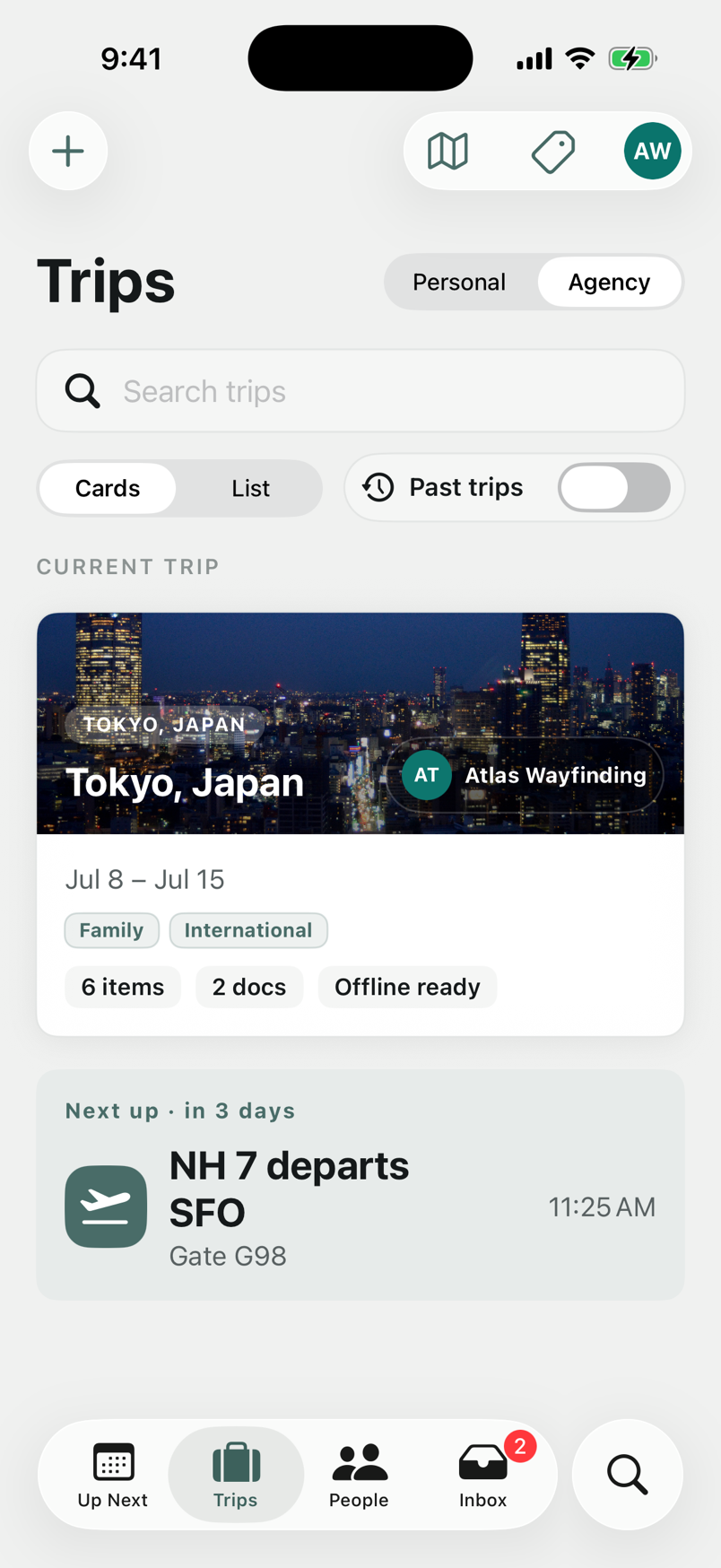The Wayporter iPhone trips screen showing an Agency trip card for Tokyo, offline readiness, and the next flight.