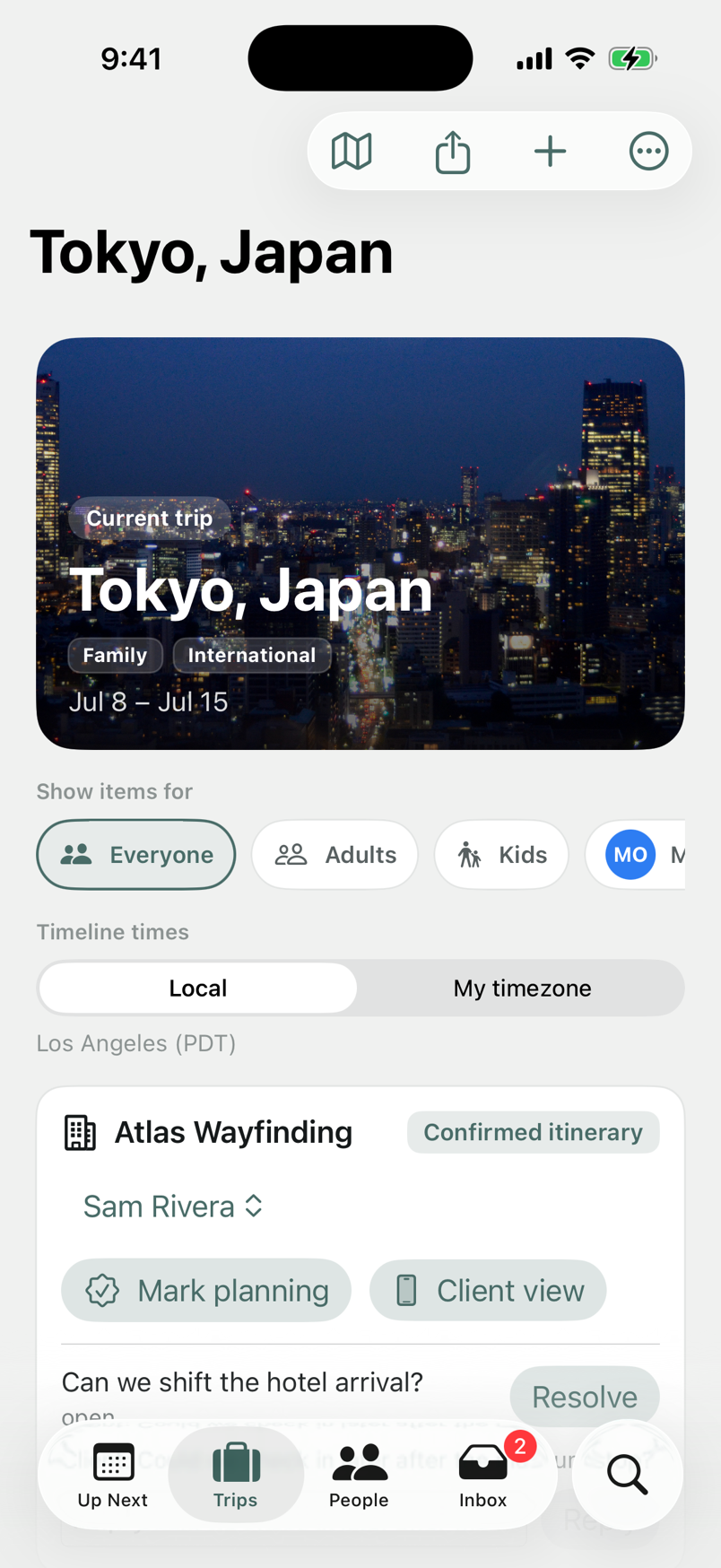 The Wayporter iPhone trip timeline showing a Tokyo itinerary with agency client controls.