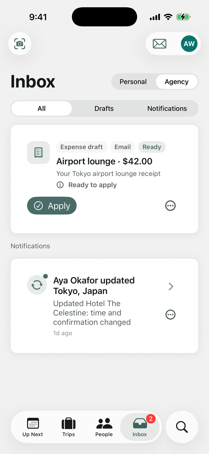 The Wayporter iPhone inbox showing a receipt draft ready to apply and a trip update notification.