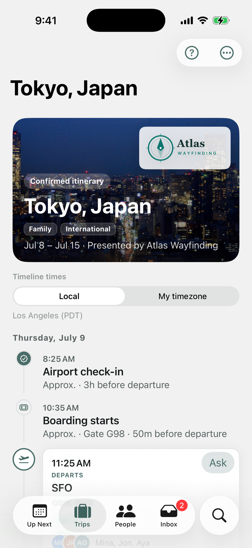 The Wayporter iPhone client itinerary view showing a branded Tokyo trip presented by Atlas Wayfinding.